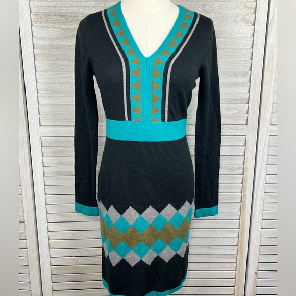 ROZ & ALI Sweater Dress Long Sleeve Bodycon Black w Geometric Print-Small - Picture 1 of 2
